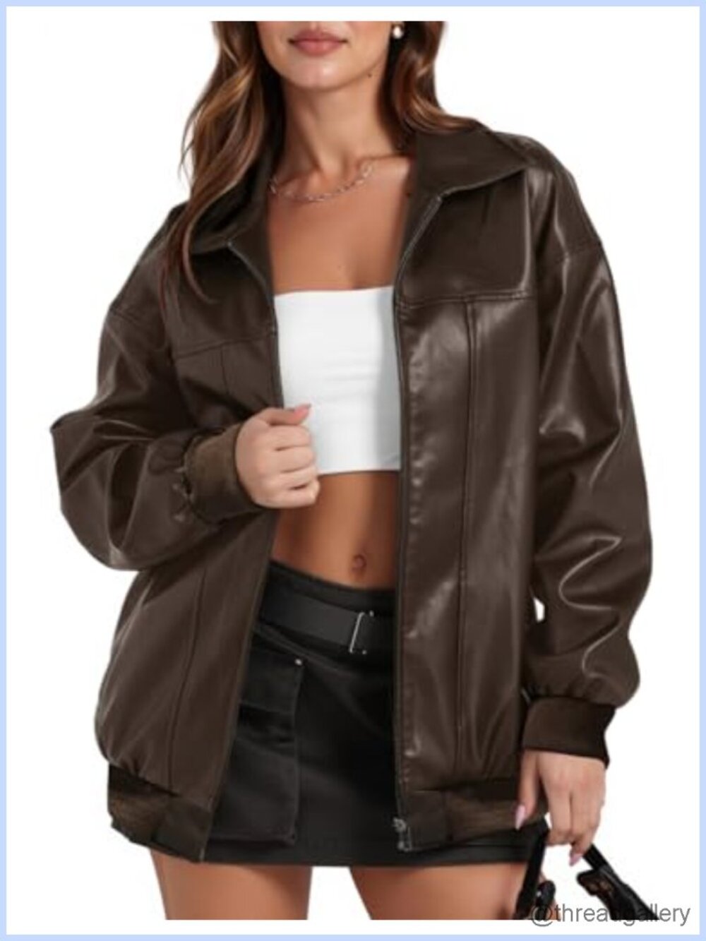 Oversized Faux Leather Bomber Jacket Moto Winter Coat with Pockets Women's Fall